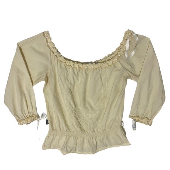 Cream Yellow Pastel Cotton Peasant Top with Satin Ribbon Bows by Moschino Jeans - Picture 1 of 3